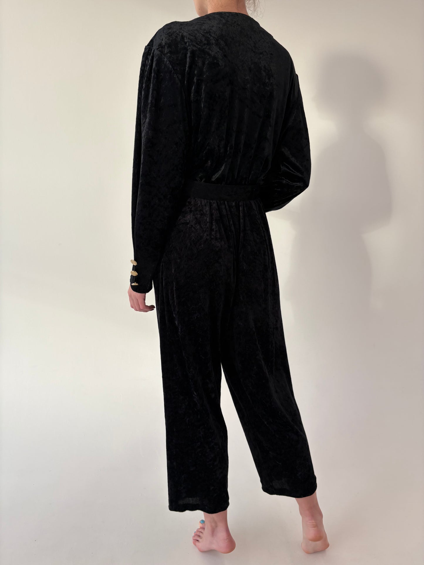 Salopetă vintage de seară din catifea cu talie ultra înaltă reglabilă