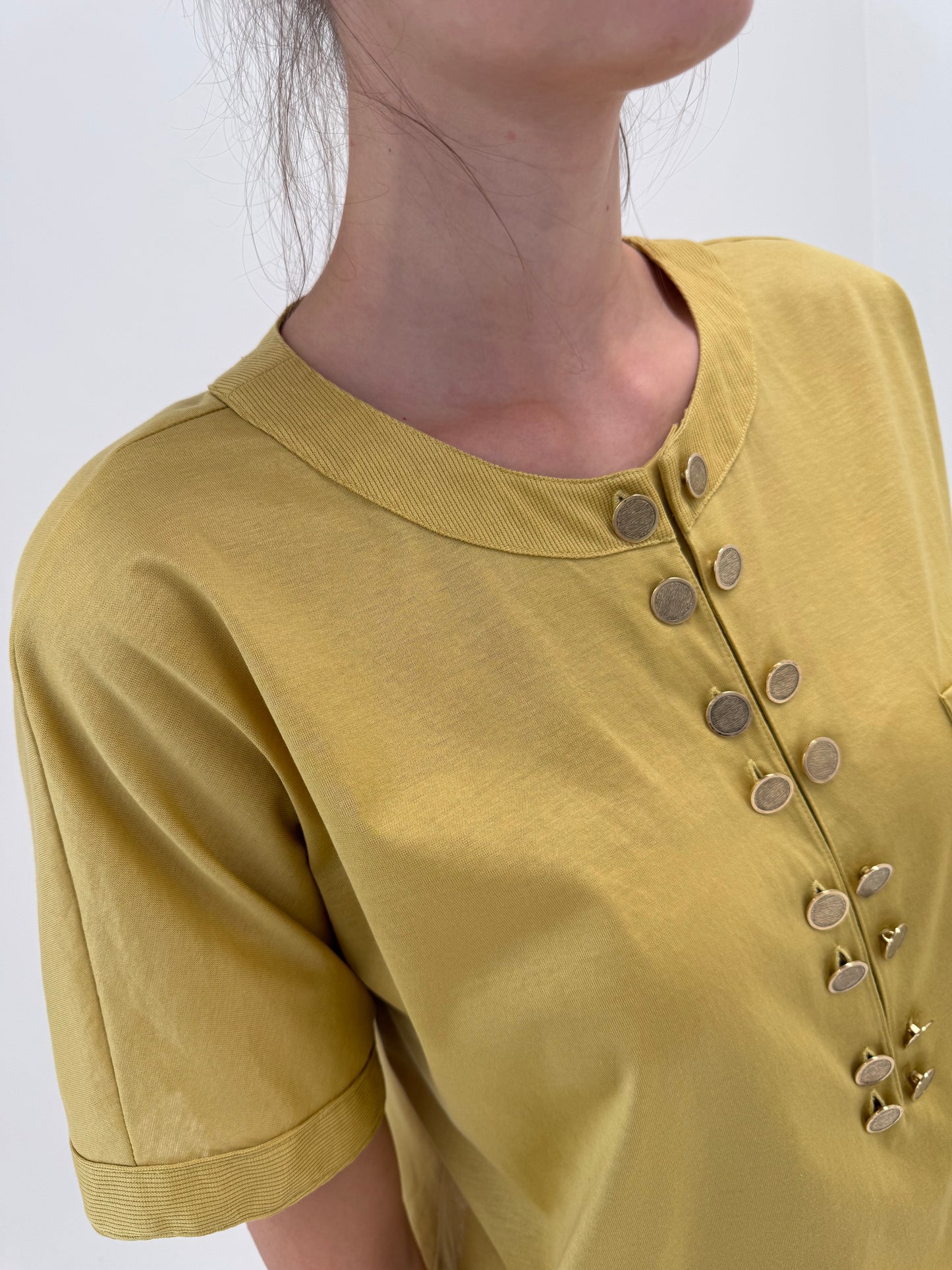 Set vintage dusty mustard green din bumbac excepțional cu nasturi metalici aurii