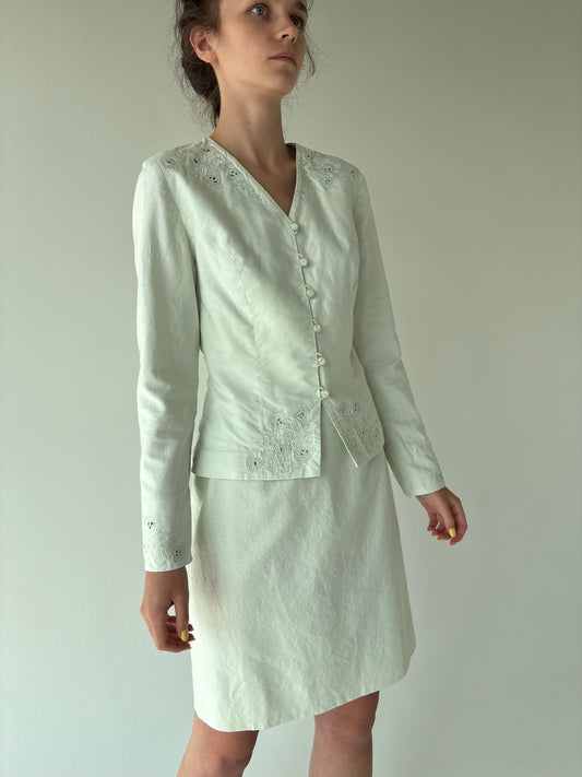 Set vintage luxury din pânză pistachio green cu broderie excepțională