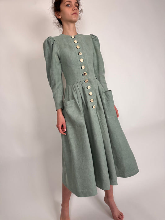 Rochie vintage superbă tea green din pânză de in