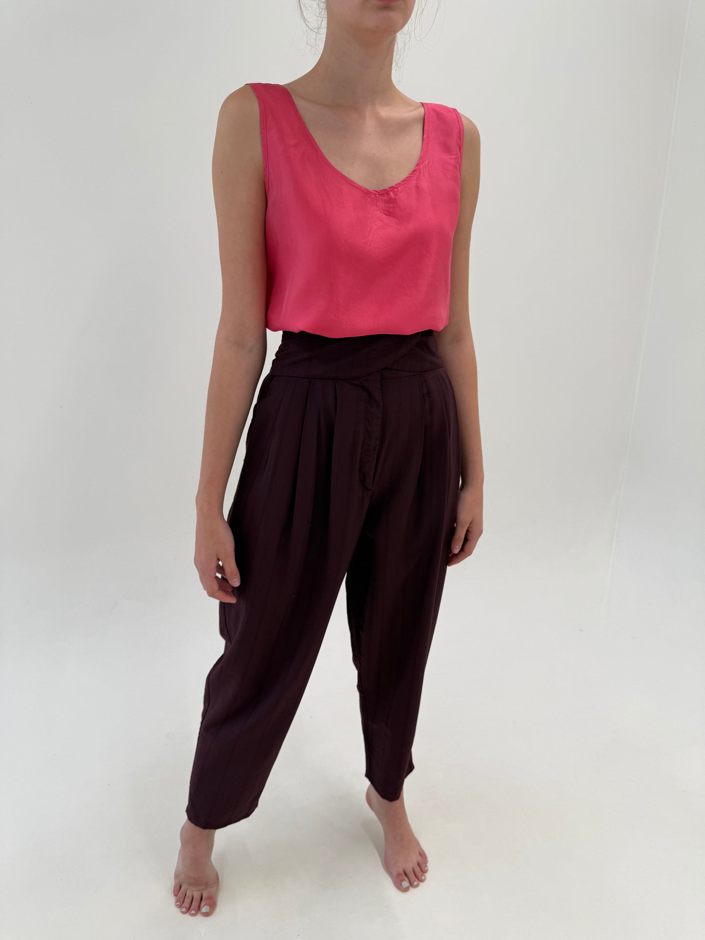 Pantaloni vintage aubergine de vară cu talie extrem de marcată ultra înaltă