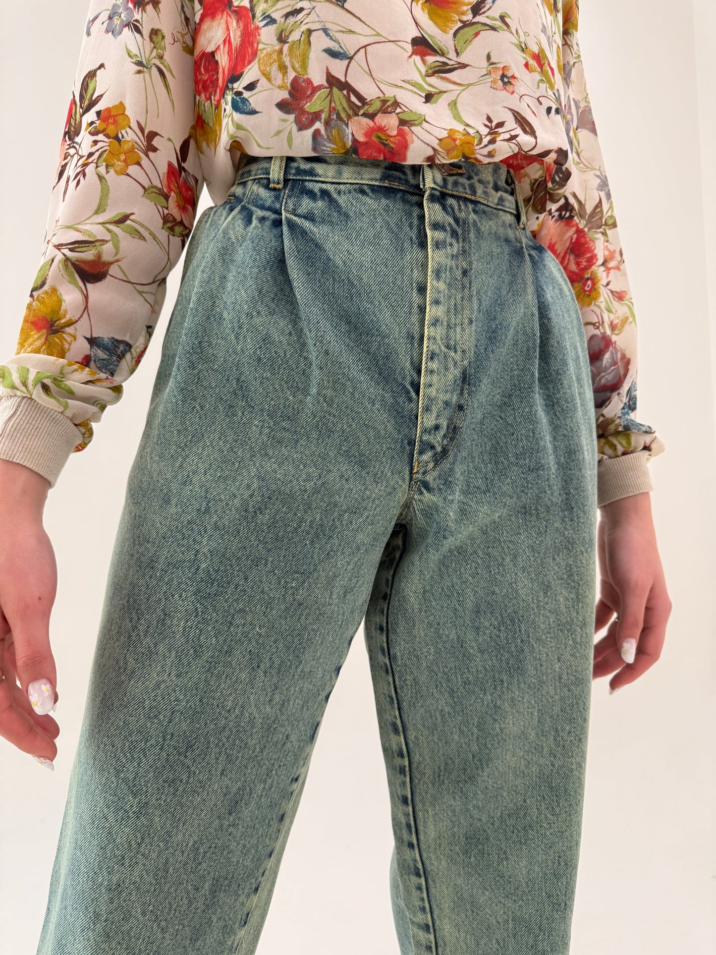 Jeans vintage tall green wash cu talie ultra înaltă și pense