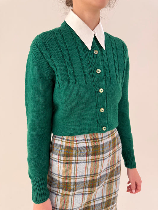 Cardigan vintage verde smarald din lana extrafina groasă cu torsade