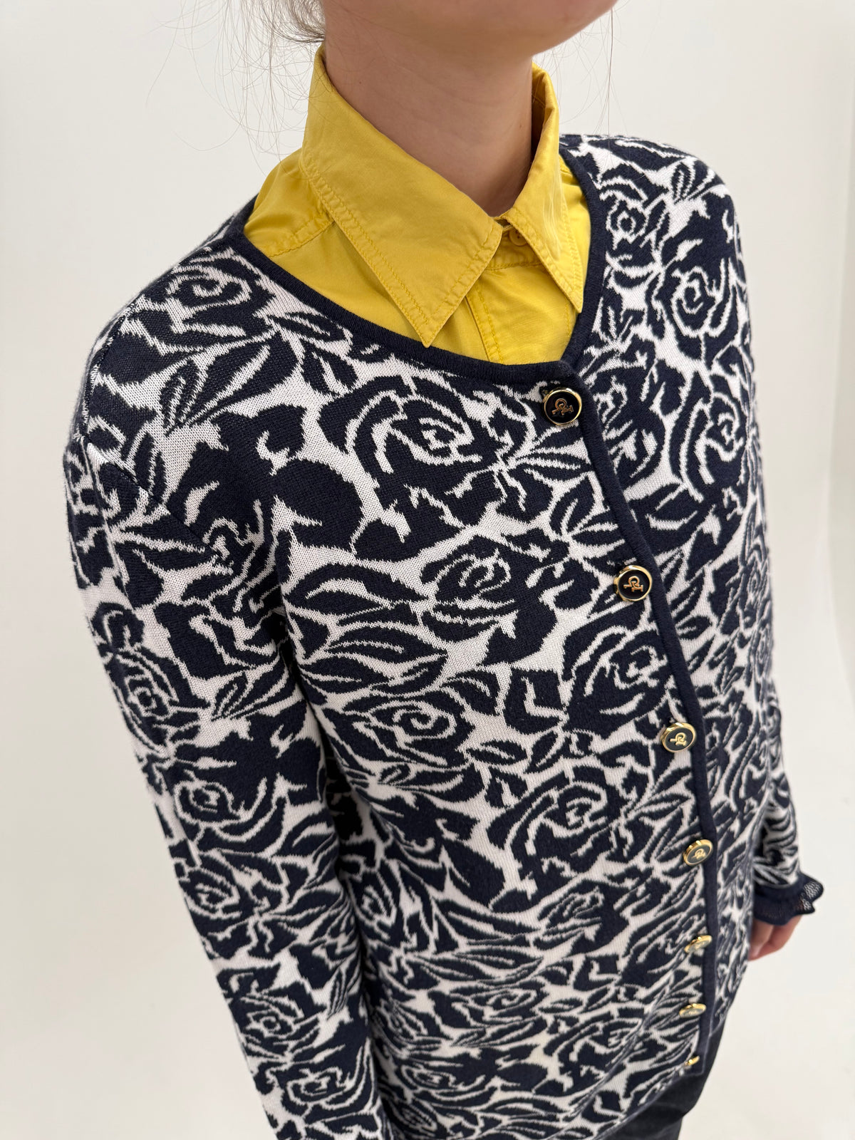 Jacheta Rocco Barocco din tricot gros dublu și print floral Navy stilizat