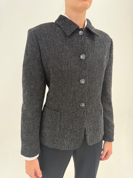 Jacheta Max Mara din tweed de lana negru cu inserții ivoire în croi cambrat cu buzunare aplicate