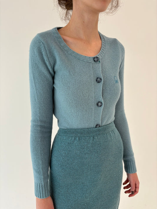Cardigan iceberg blue grosut din lana plină shetland
