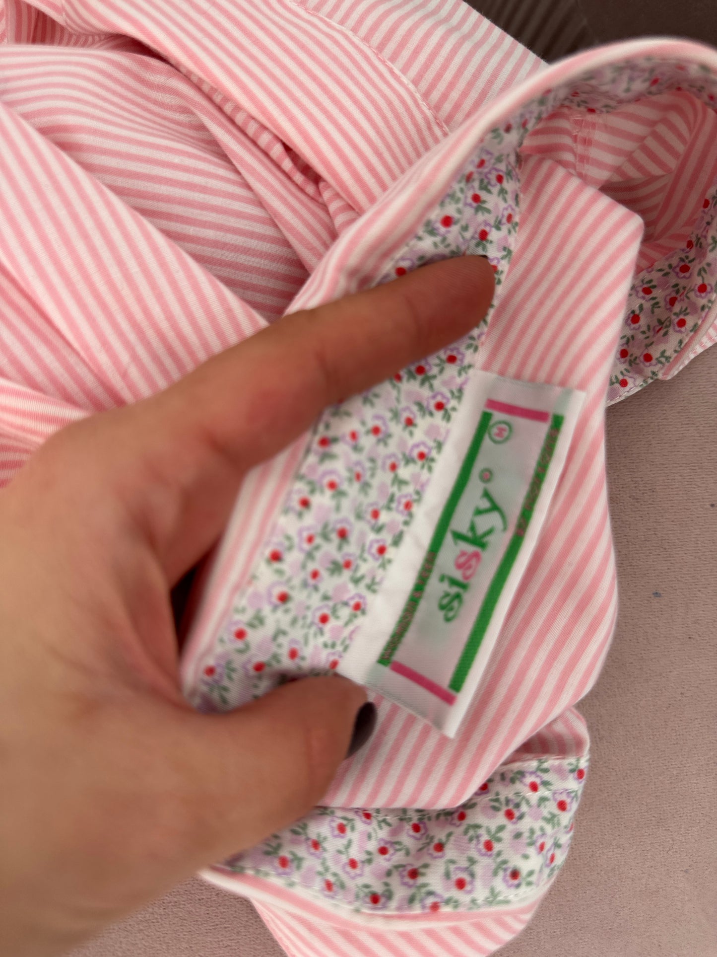 Cămașa vintage brodată cu dungi baby pink din poplin de bumbac