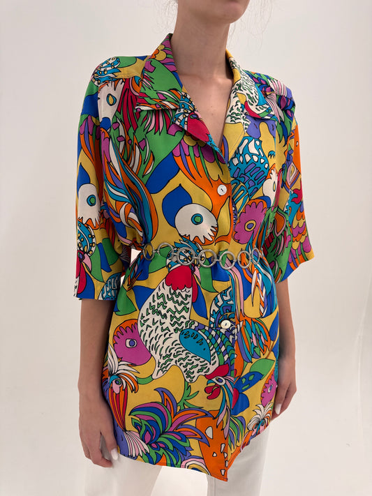 Cămașa vintage italiană de designer cu print superb în culori tari