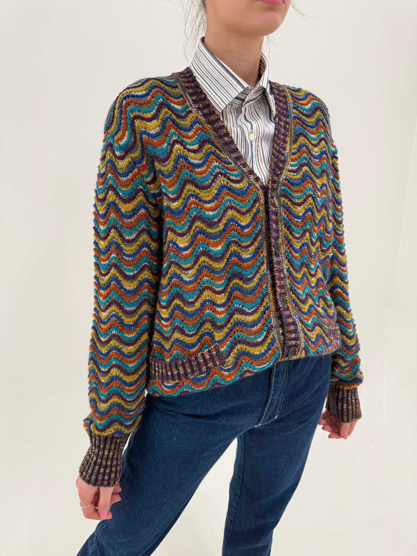 Cardigan Missoni vintage excepțional din jerse dantelat multicolor