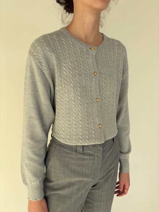 Cardigan cu torsade silver gray din lana merino extrafina de gramaj mare