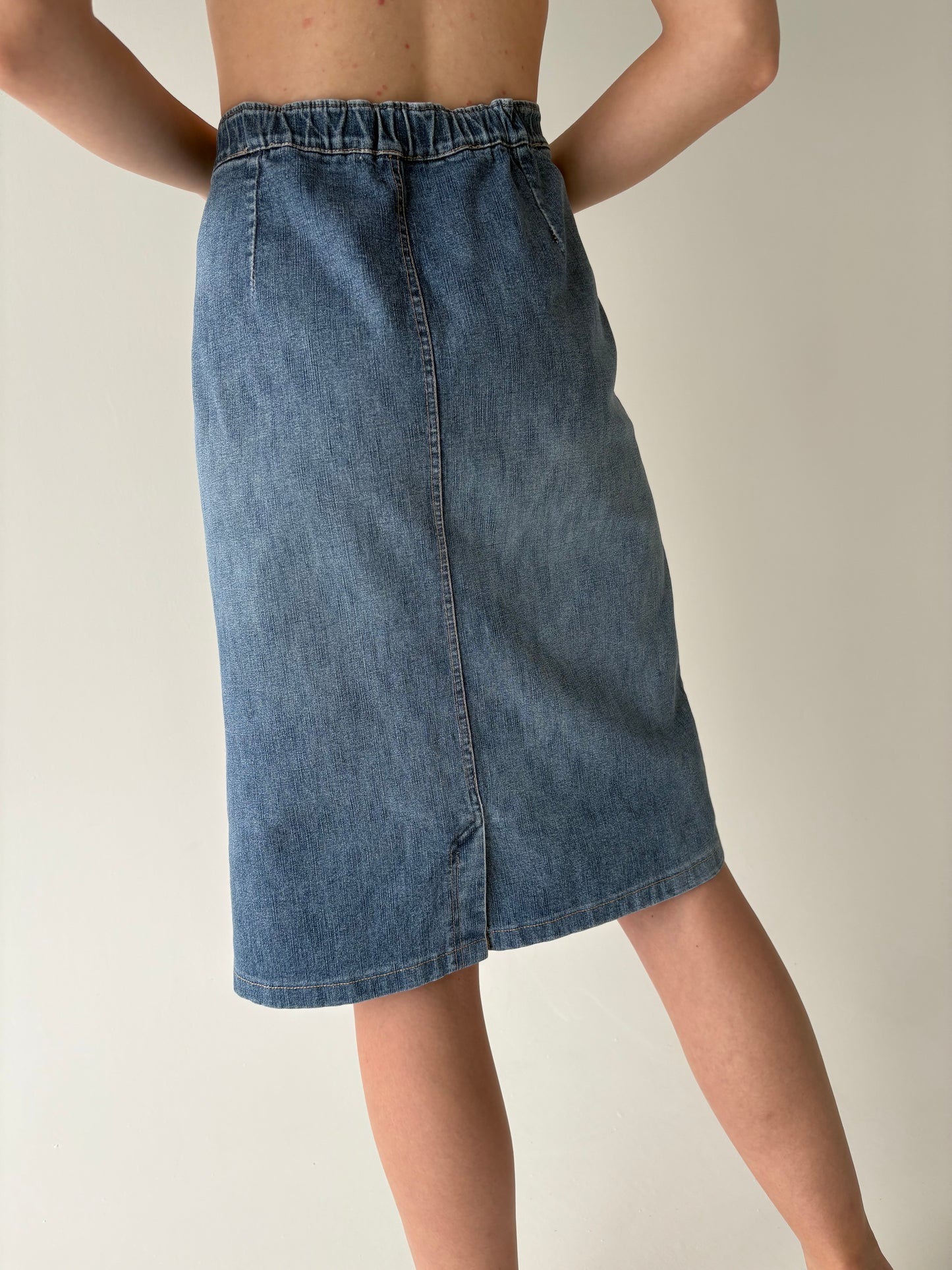 Fustă vintage din jeans de vară cu talie înaltă și buzunare