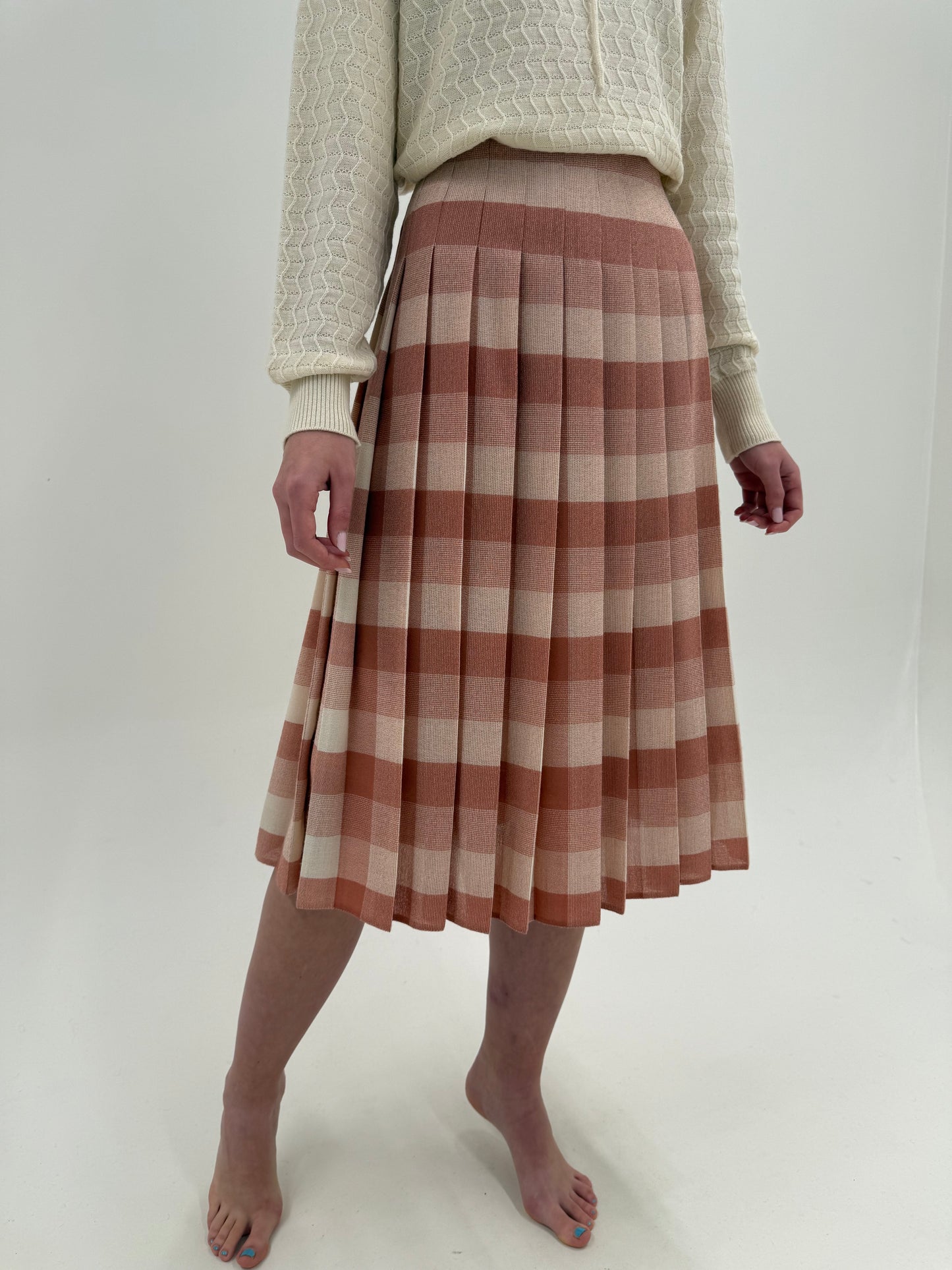 Fustă vintage plisată midi din lana plină extrafina în nuanțe pudrate de roz