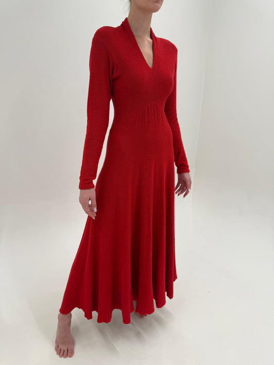 Rochie vintage maxi Cherry red din jerse greu natural in croi cambrat