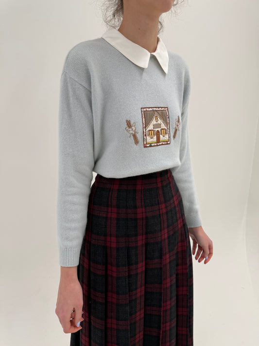 Pulover vintage italian petite baby blue din lana extrafina cu guleraș