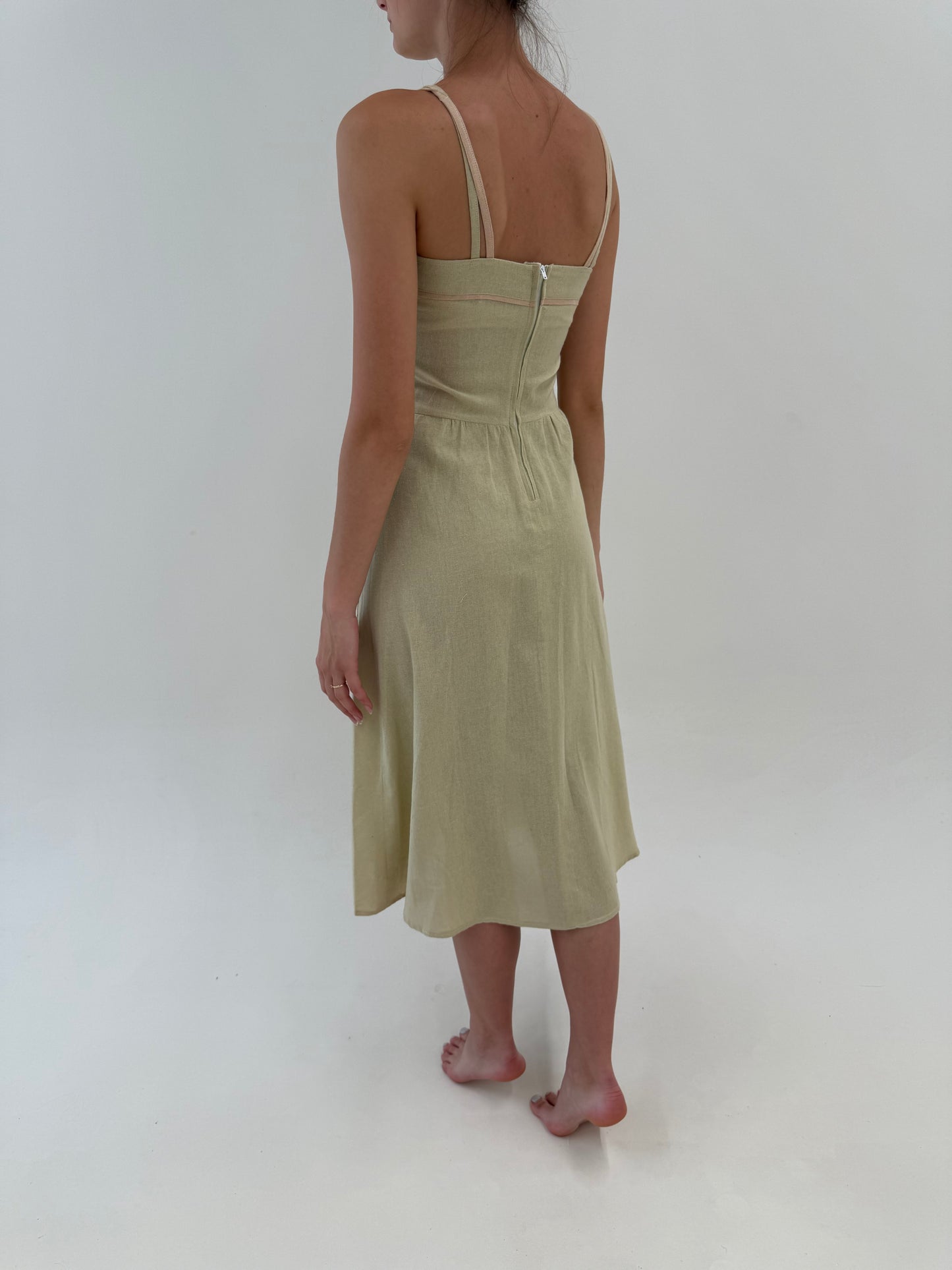 Rochie maxi vintage Sage green cu inserții powder Pink din pânză de in