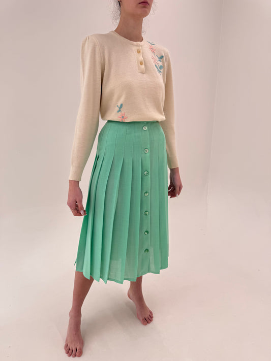 Fustă vintage midi spre maxi plisată mint green din lanita extrafina