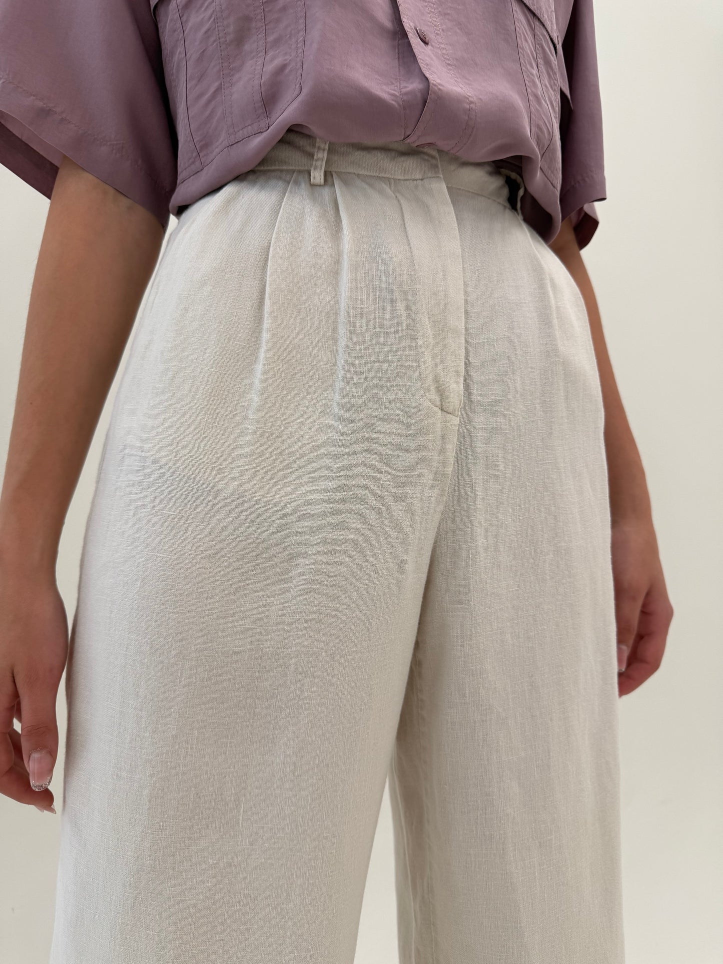 Pantaloni off white tall din pânză premium din in cu pense și talie ultra înaltă