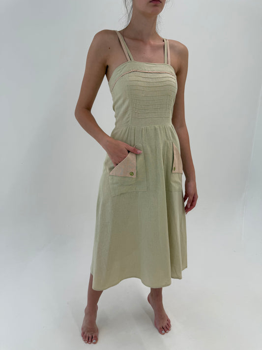 Rochie maxi vintage Sage green cu inserții powder Pink din pânză de in