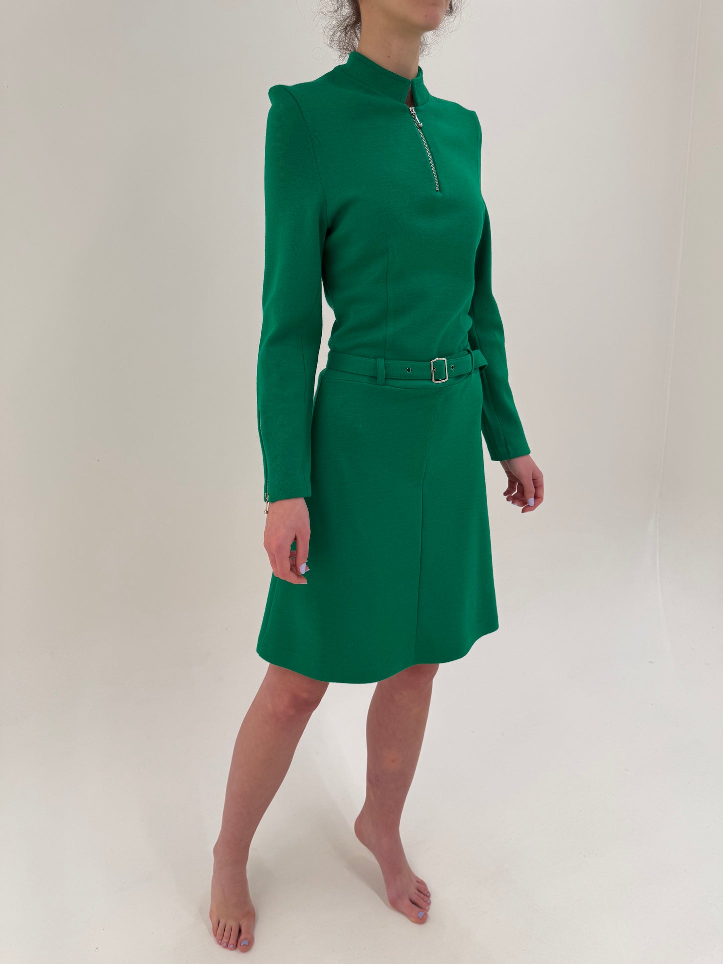 Rochie vintage în stil Prada din lana extrafina densa verde tare smarald