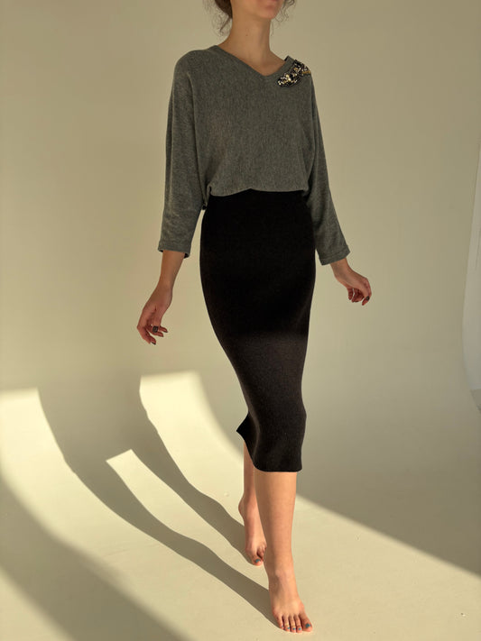 Fustă din tricot de lana merino extrafina midi spre maxi