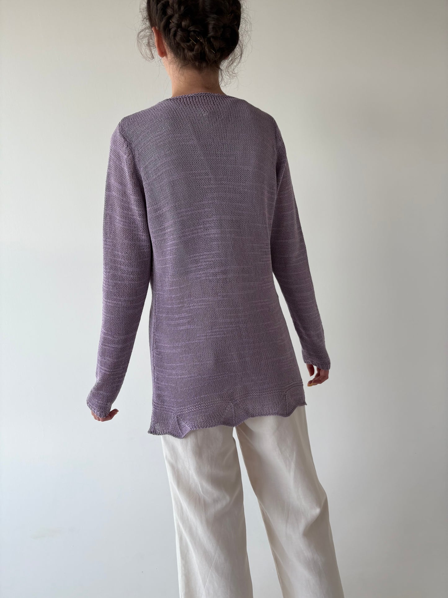 Cardigan italiană super vaporos lavandă din jerse dantelat de bumbac