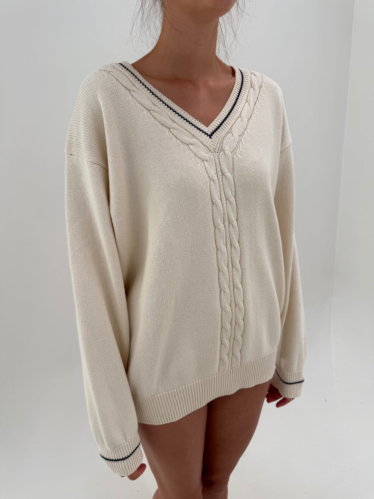 Pulover ivoire italian din bumbac gros de gramaj mare cu torsade