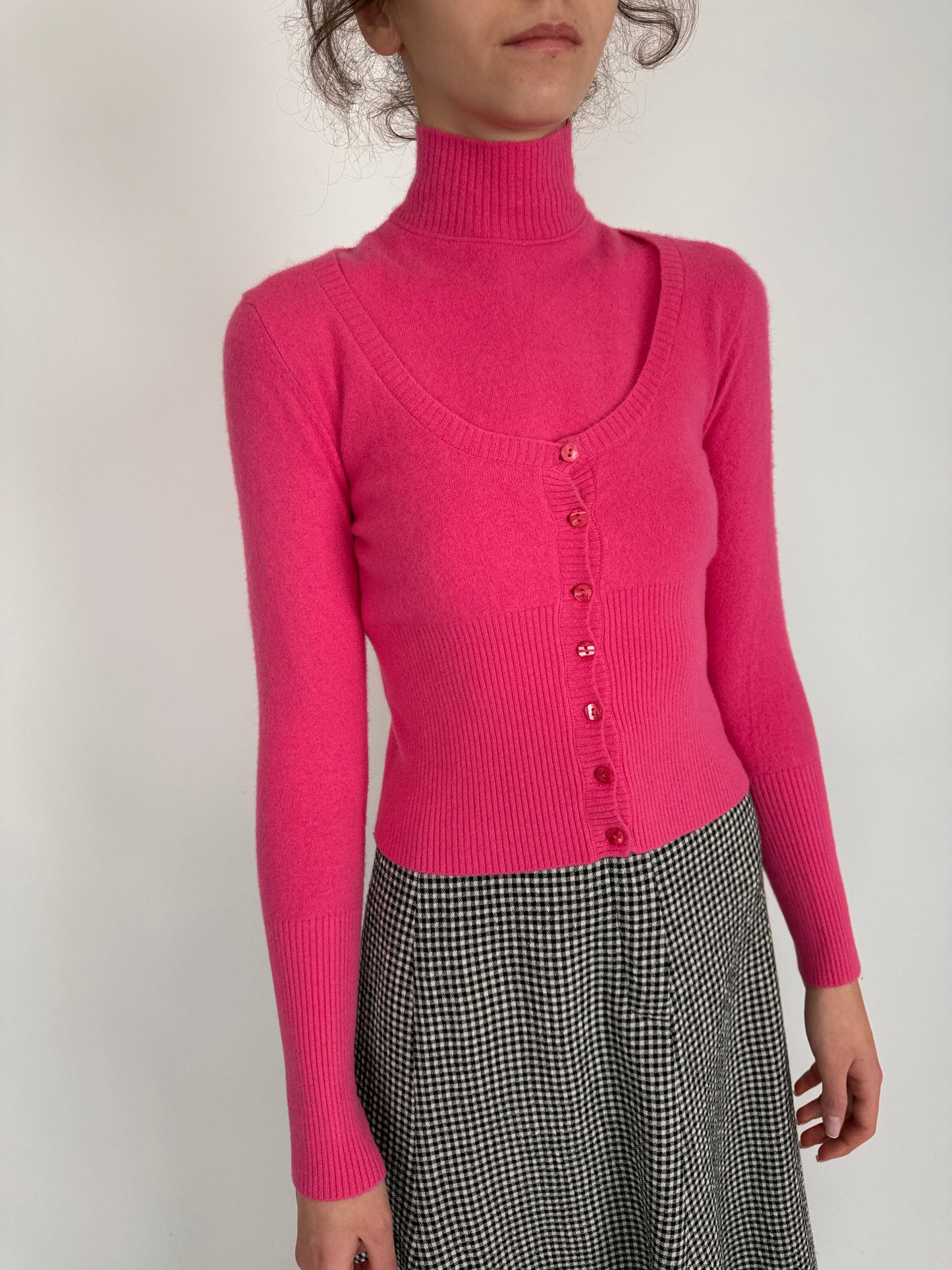 Set Maleta + cardigan cambrat din lana extrafina bubblegum pink