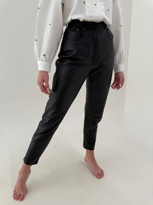 Pantaloni din piele naturală moale cu talie ultra înaltă