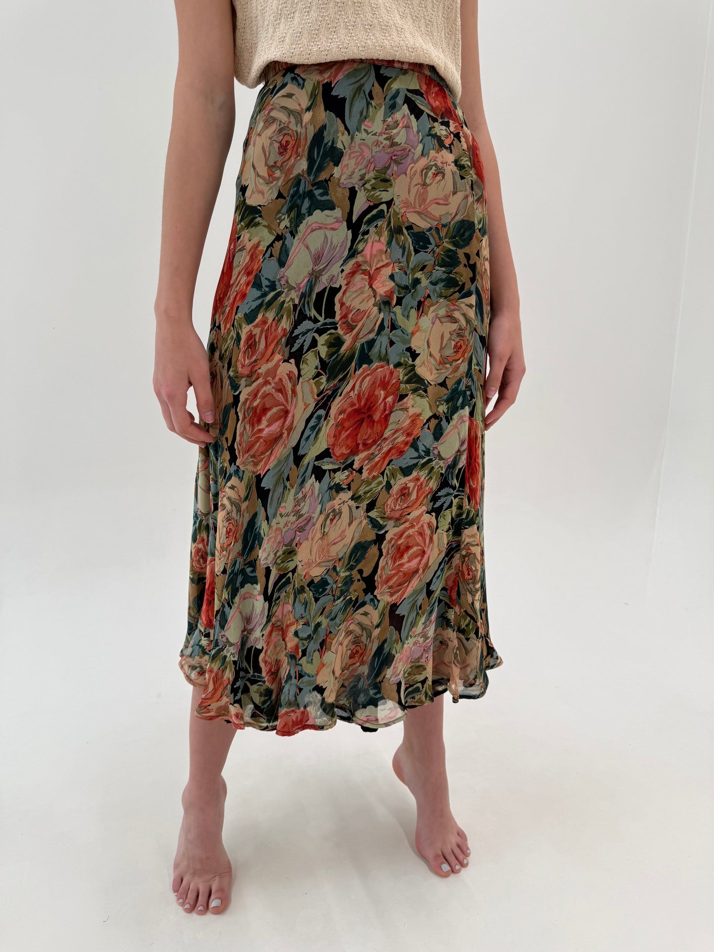 Fustă maxi cu print floral superb și talie ultra înaltă elastică marcată