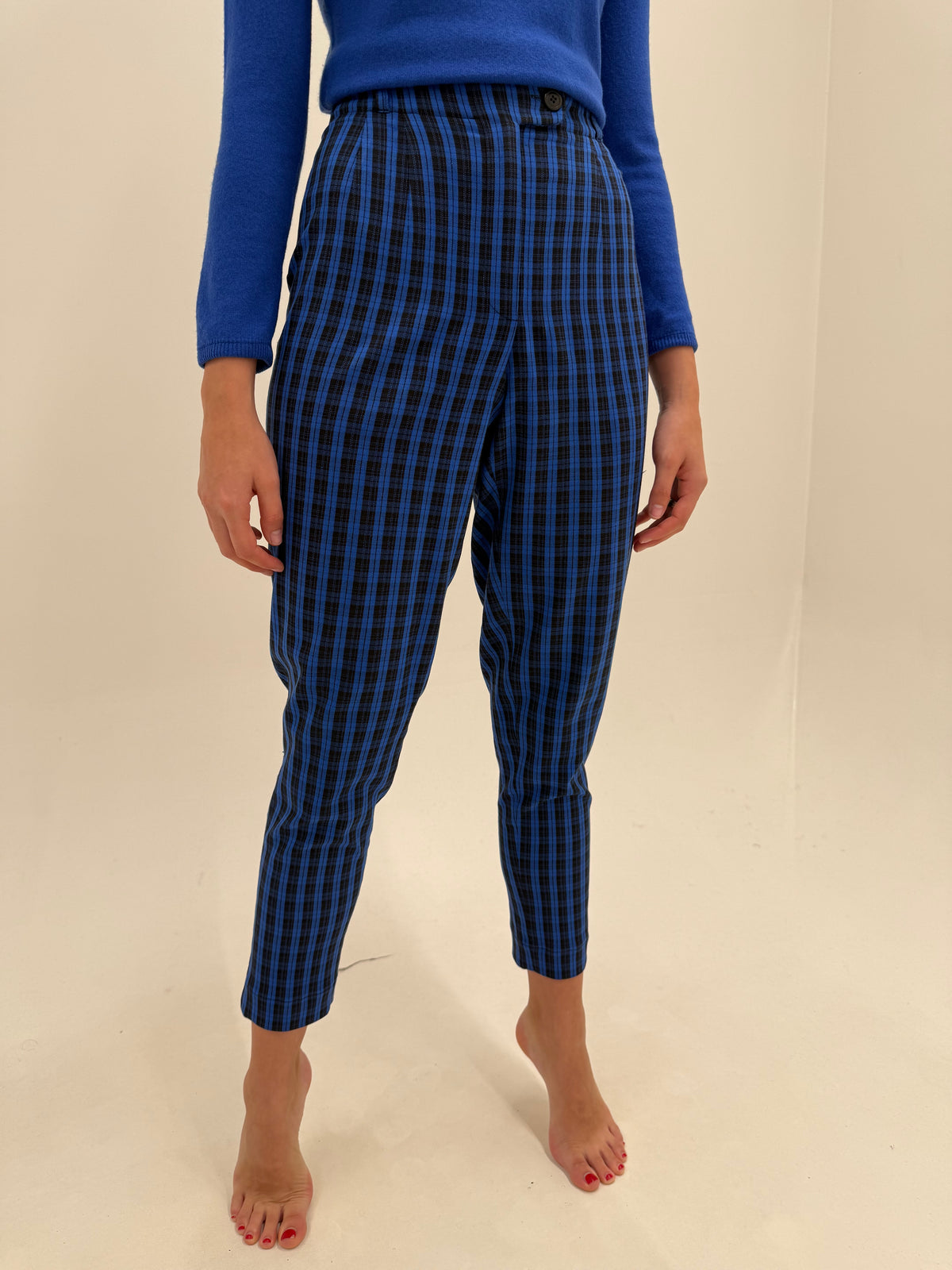 Pantaloni tall țigaretă în carouri cu talie ultra înaltă elastică din stofita strech