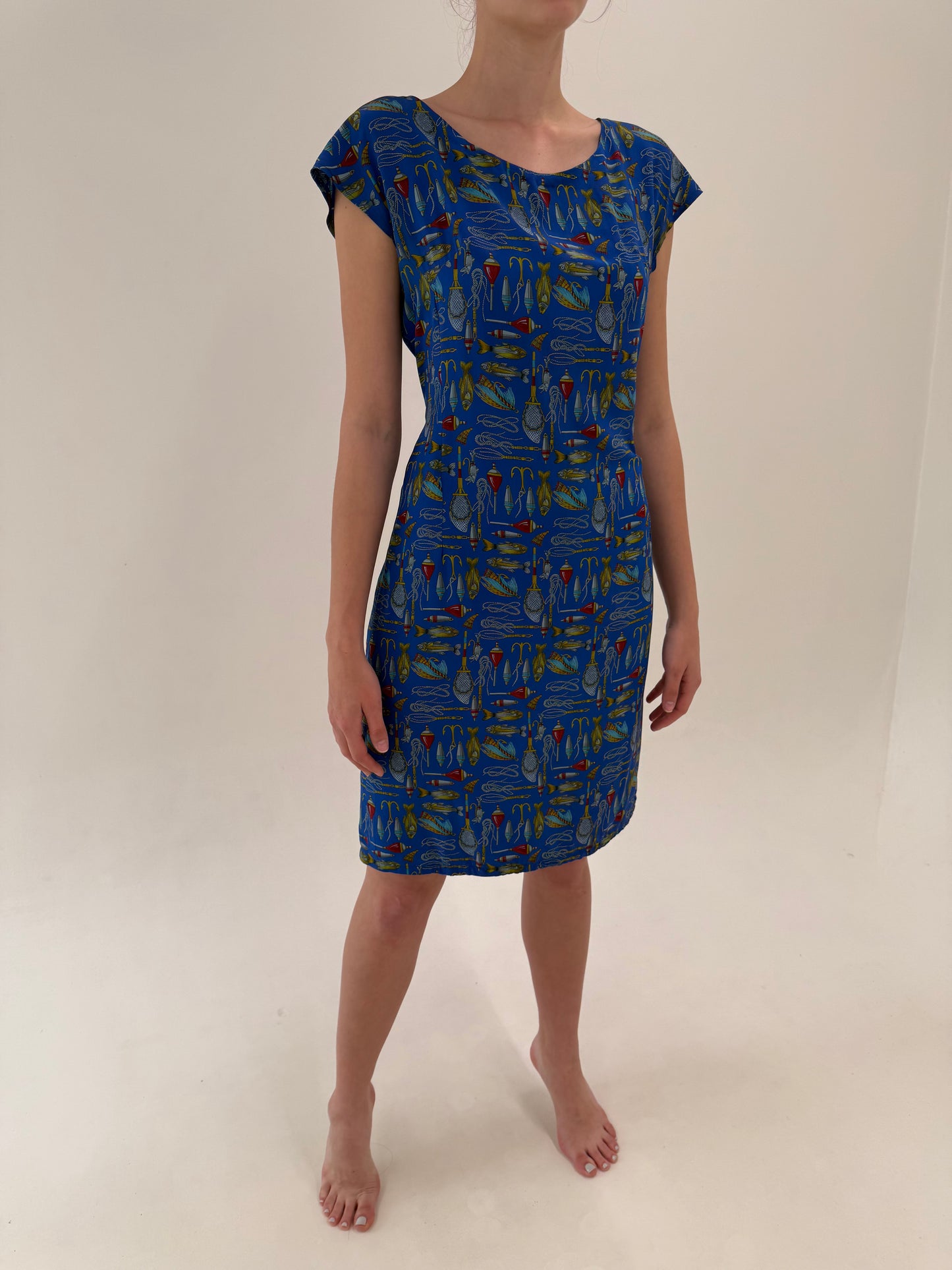 Rochie vintage albastru regal și print din mătase naturală cu mânecă ușor căzută