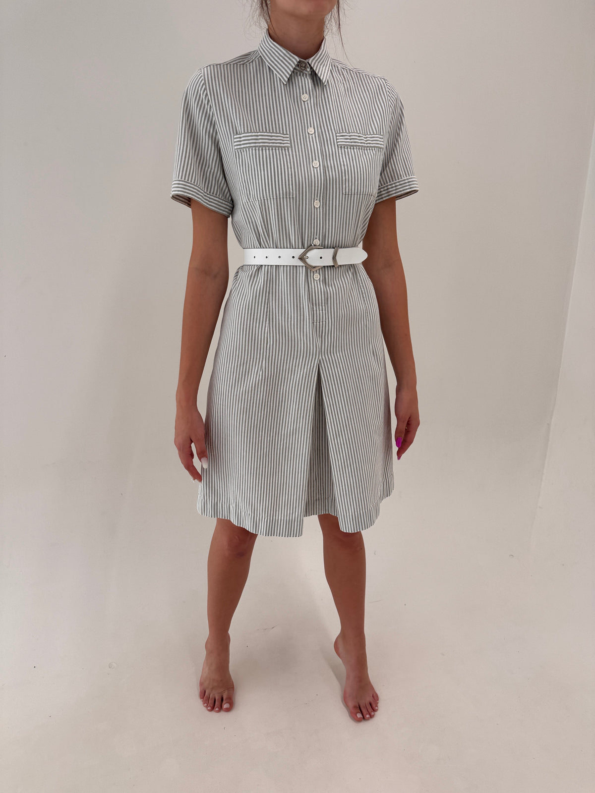 Rochie vintage excepțională in dungi warm gray din pânză de bumbac