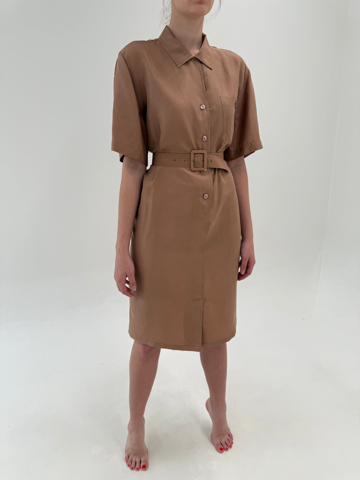 Rochie din mătase natural cafe au lait cu talie ultra înaltă reglabilă