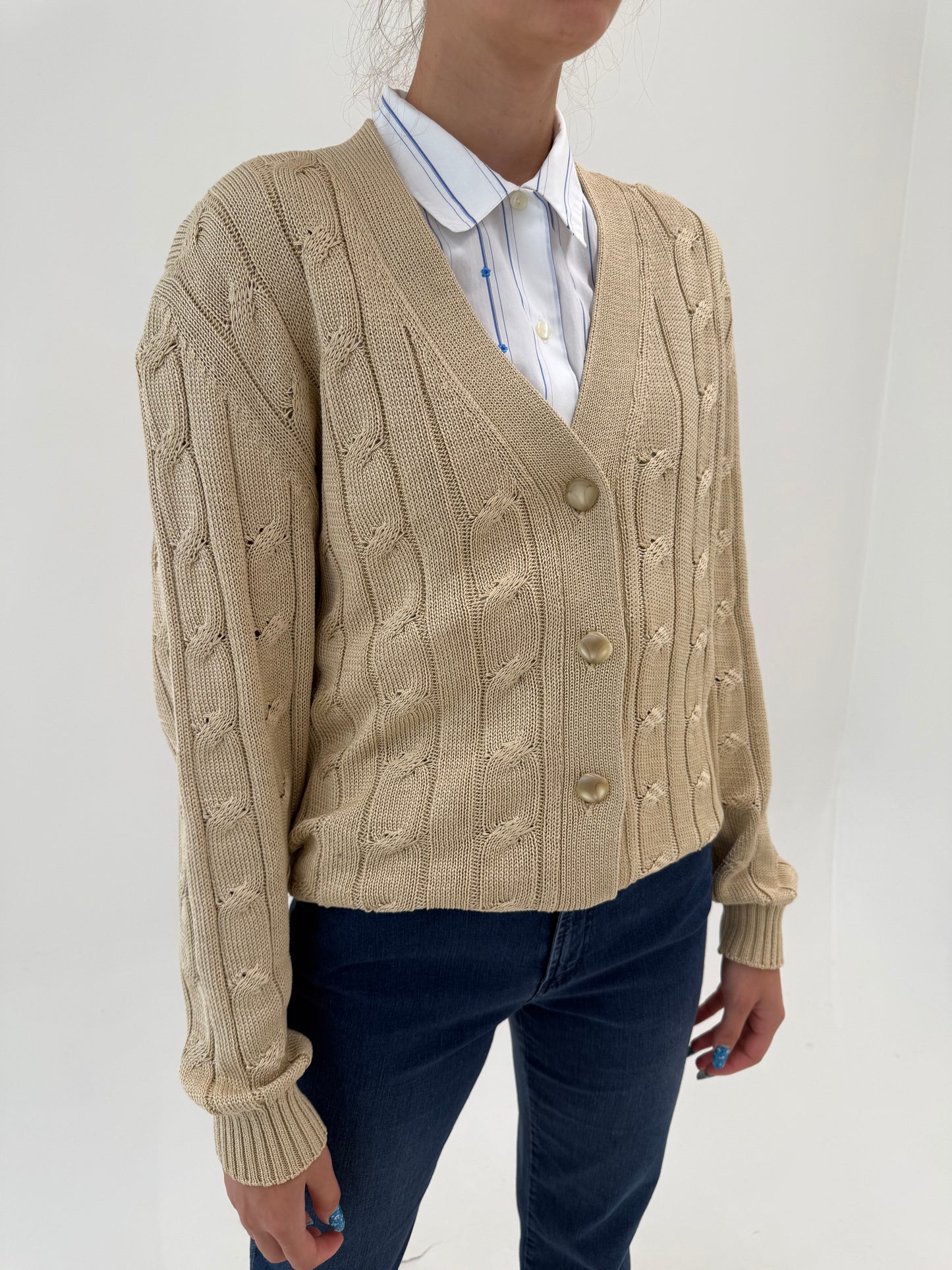 Cardigan camel cu torsade din bumbac de gramaj mare excepțional