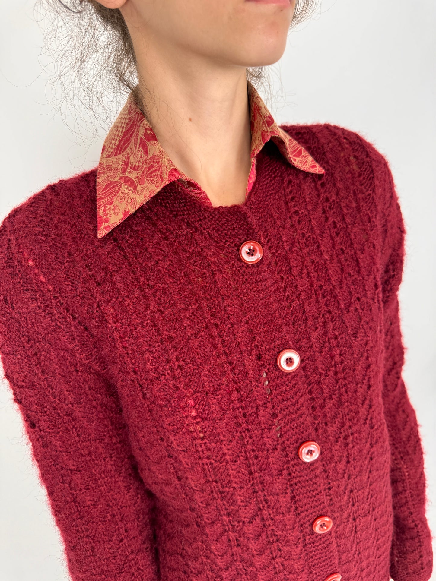 Cardigan dantelat din lana plină burgundy