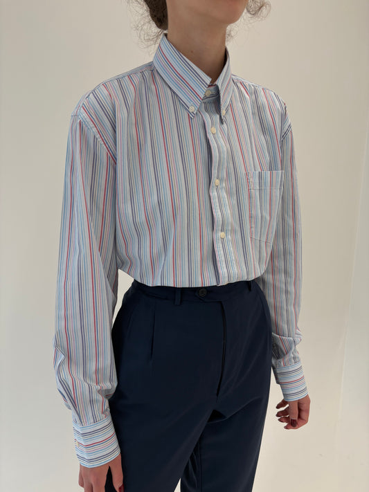 Cămașa premium baby blue cu dungi fine colorate verticale
