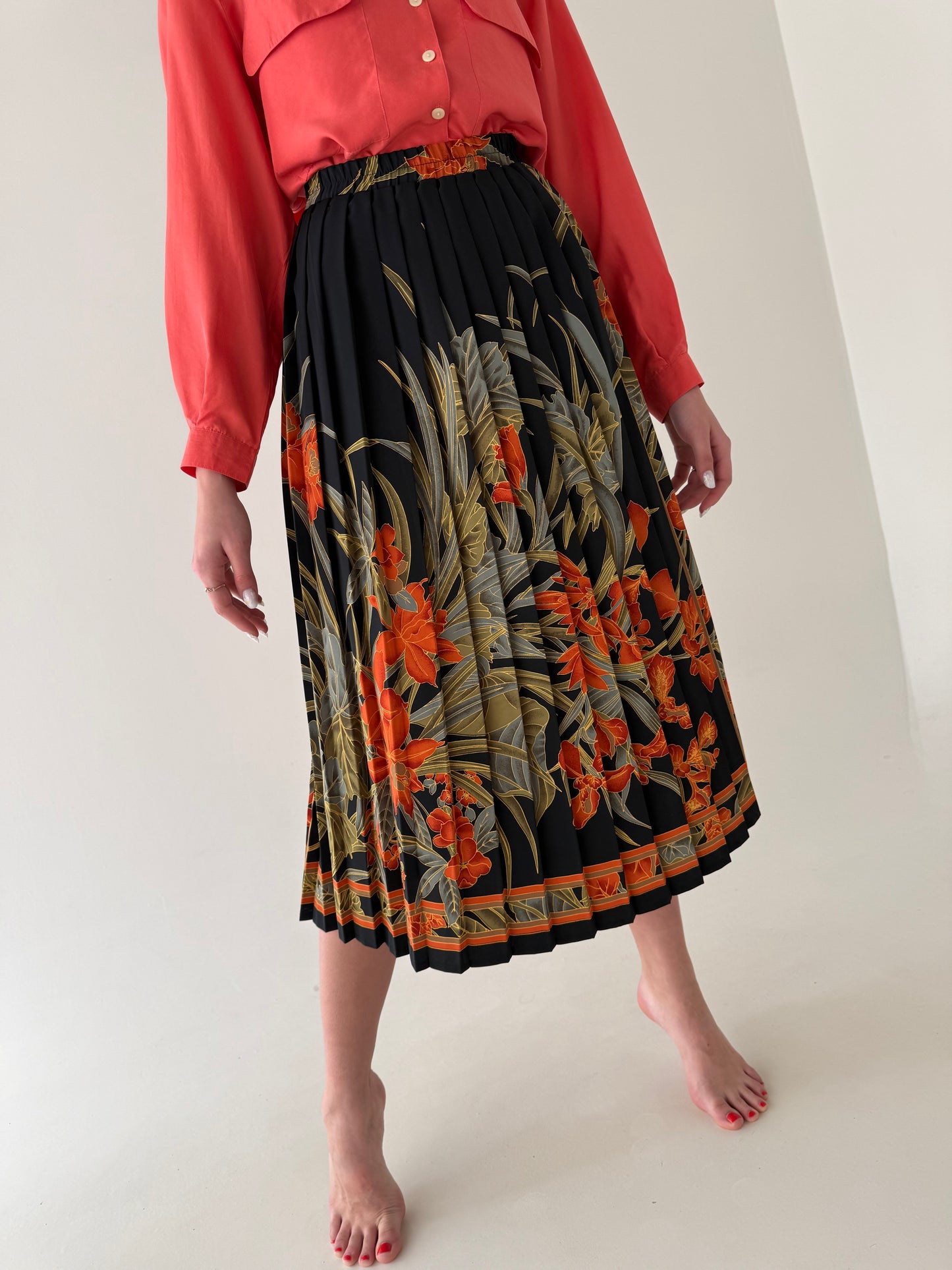 Fustă vintage plisată midi lung cu print superb și talie ultra înaltă elastică