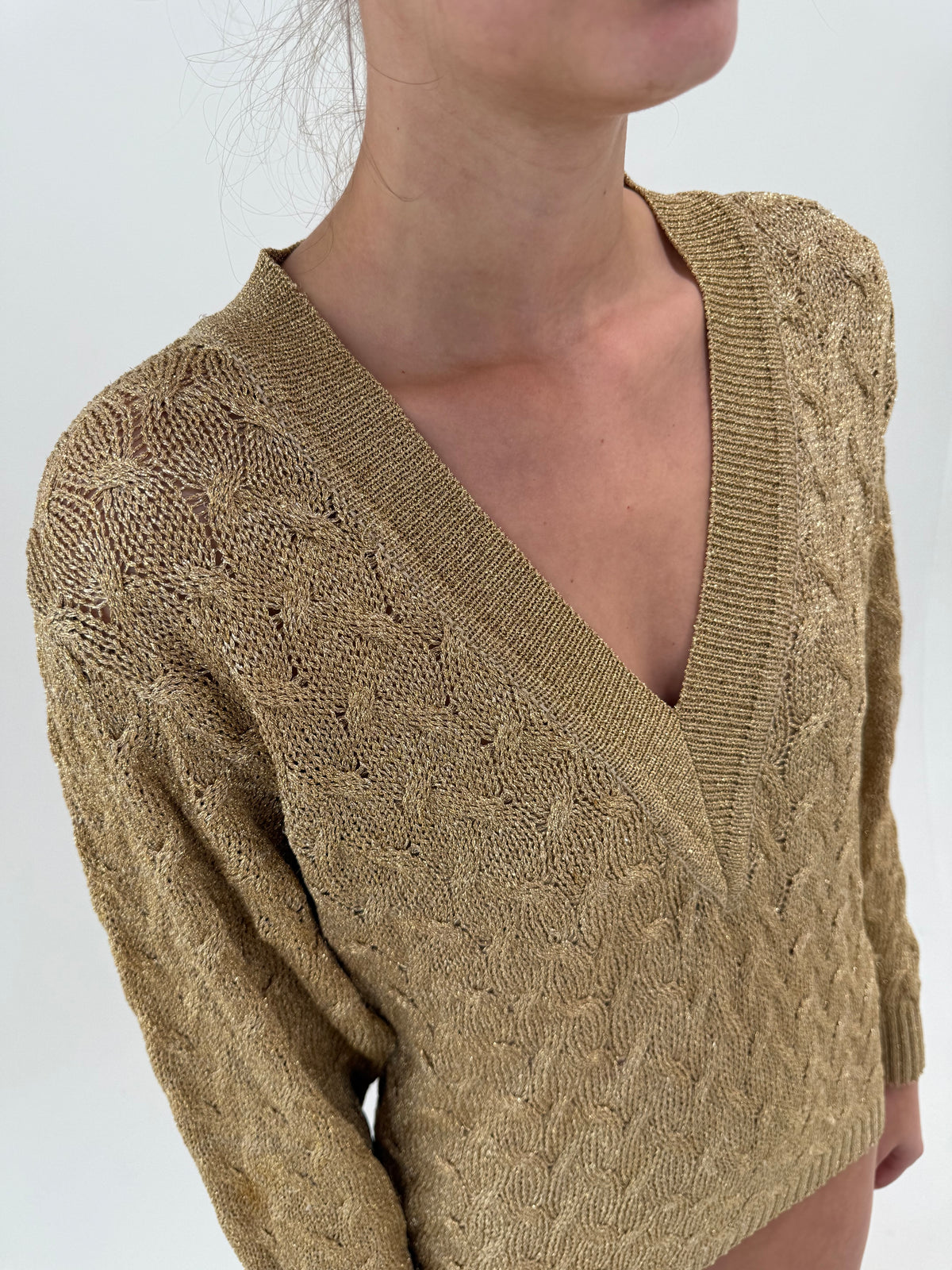 Pulover vintage dusty gold spectaculos cu torsade din lurex