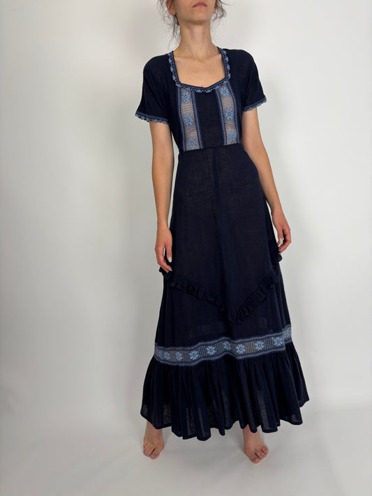 Rochie maxi vintage nouă din pânză cu dantelă macrame baby blue