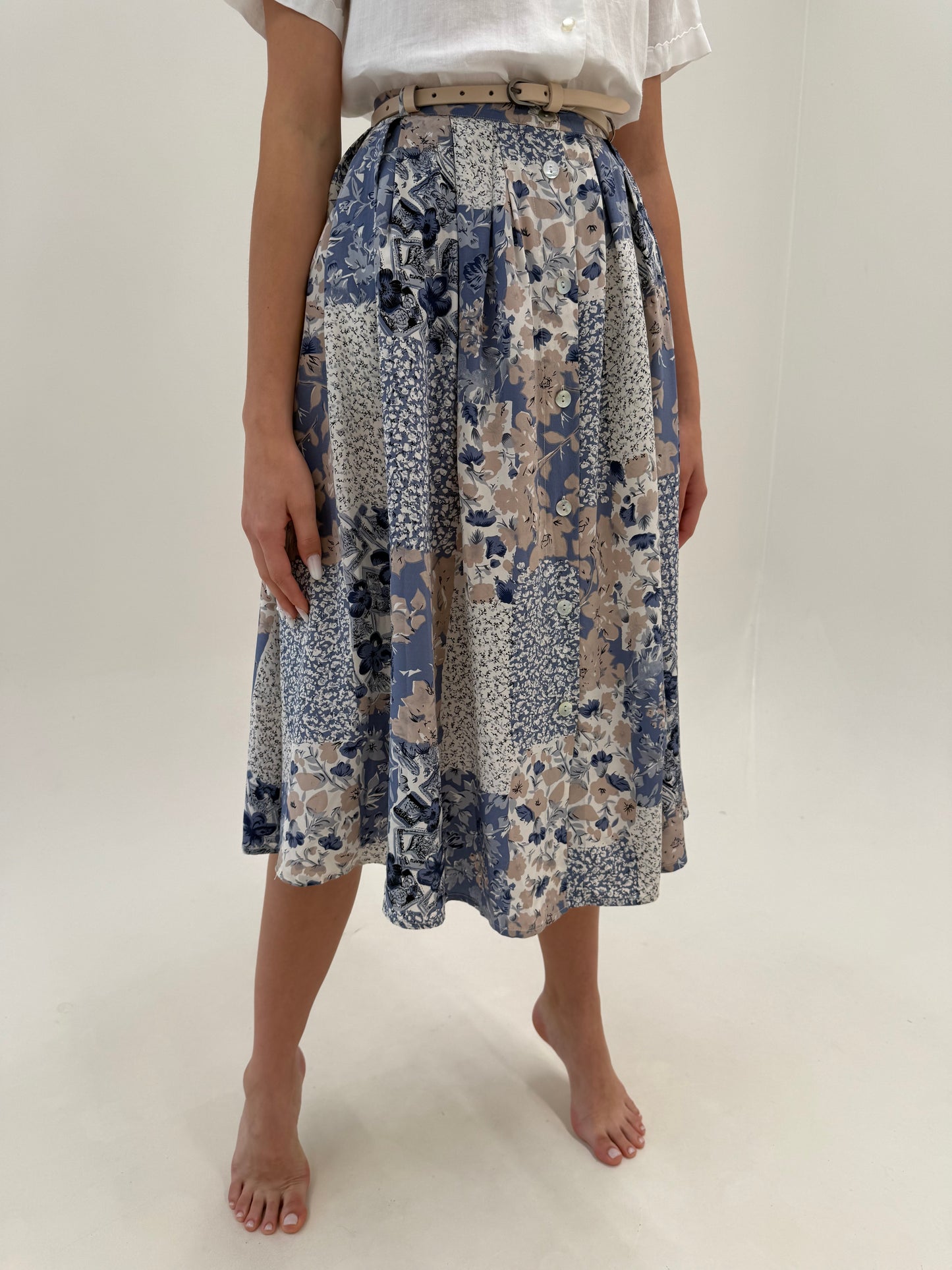 Fustă din mătase naturală Jeans blue și camel midi lung