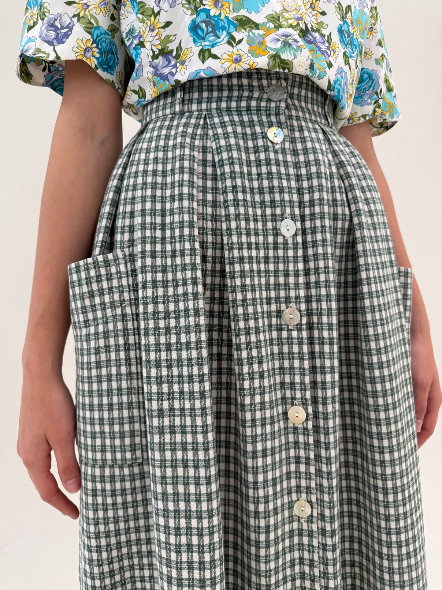 Fustă vintage gingham maxi din pânză de in și vascoza cu talie ultra înaltă