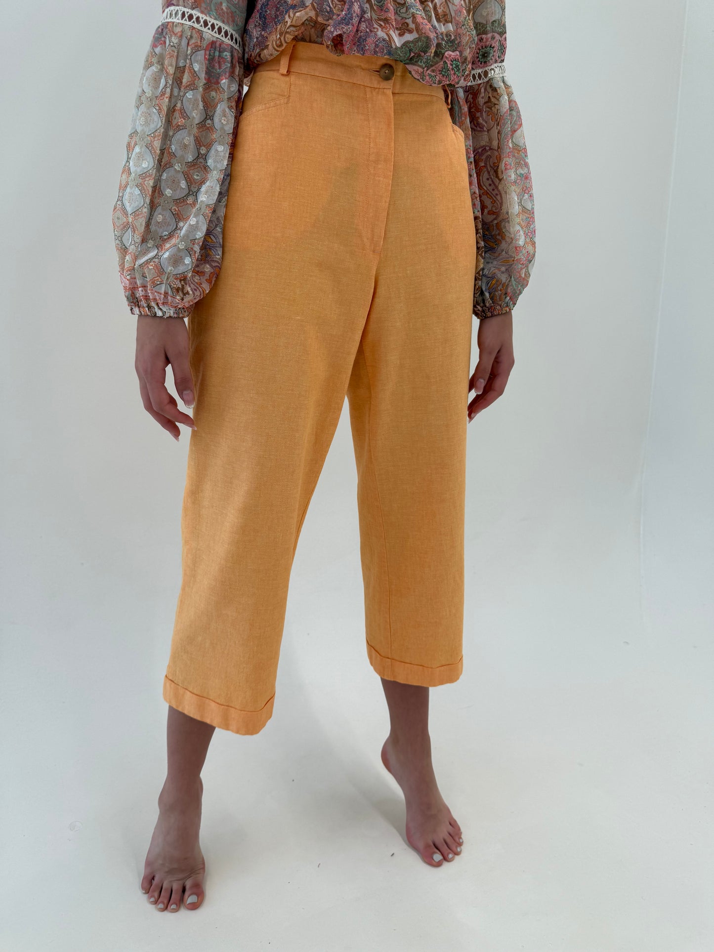 Pantaloni petite clasici powder orange din pânză de in și bumbac