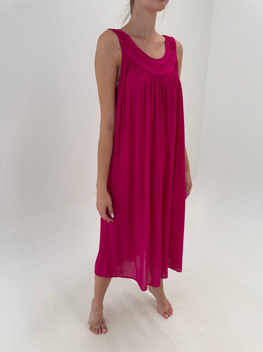 Rochie maxi fucsia suoee vaporoasă din creppe de bumbac ultra confort