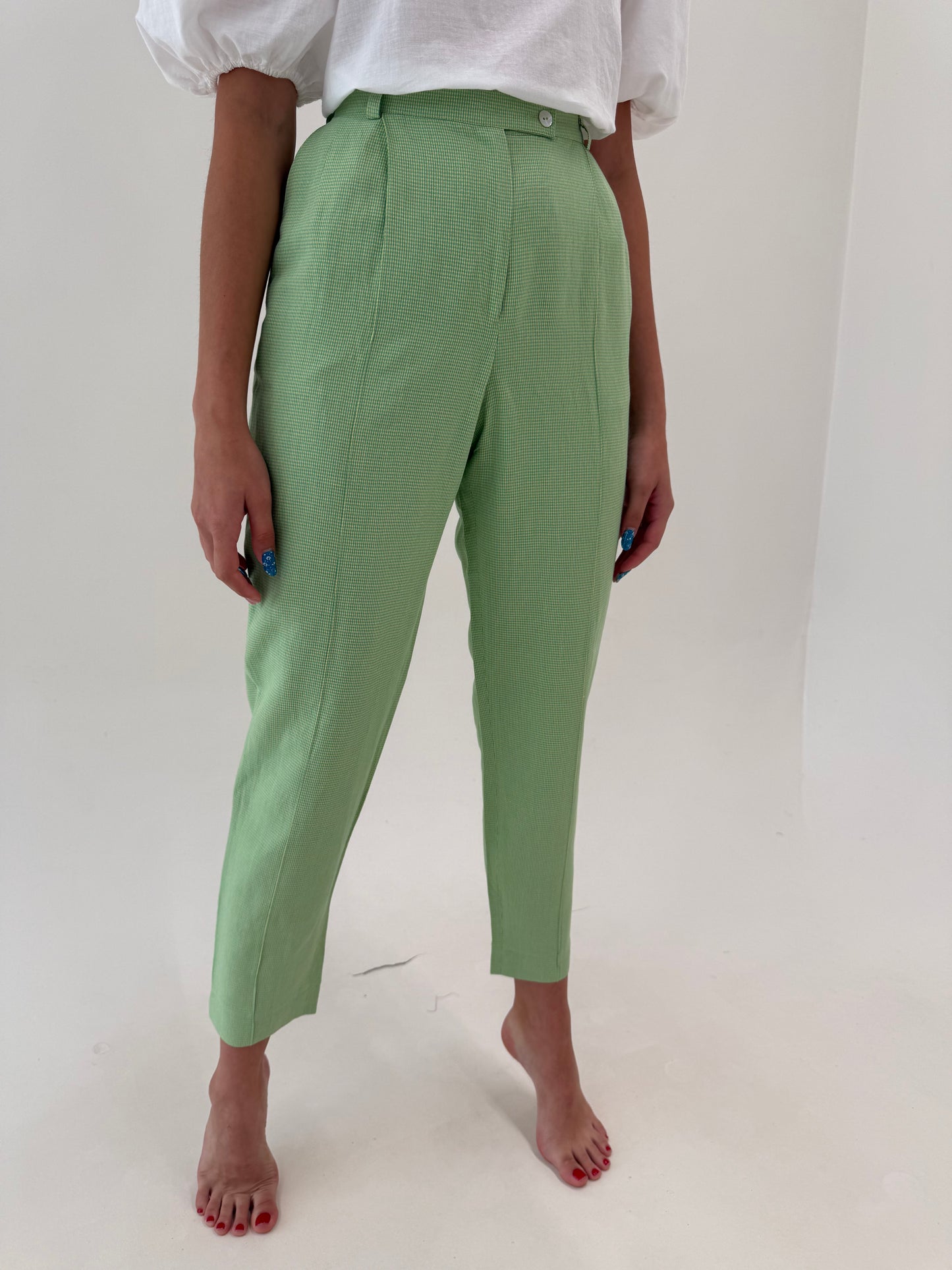 Pantaloni vintage ghingham din pânză de in și bumbac cu talie ultra înaltă