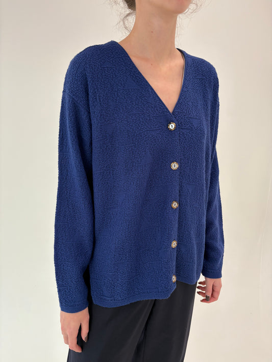 Cardigan italian albastru cerneală din lana plină extrafina texturată