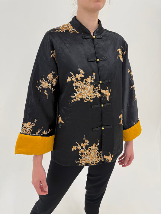 Jacheta în stil asiatic din mătase naturală brocart cu matlase fin interior