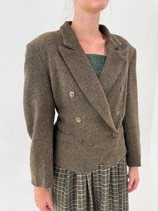 Sacou italian cu revere late din tweed Donegal cu negru și camel din lana extrafina