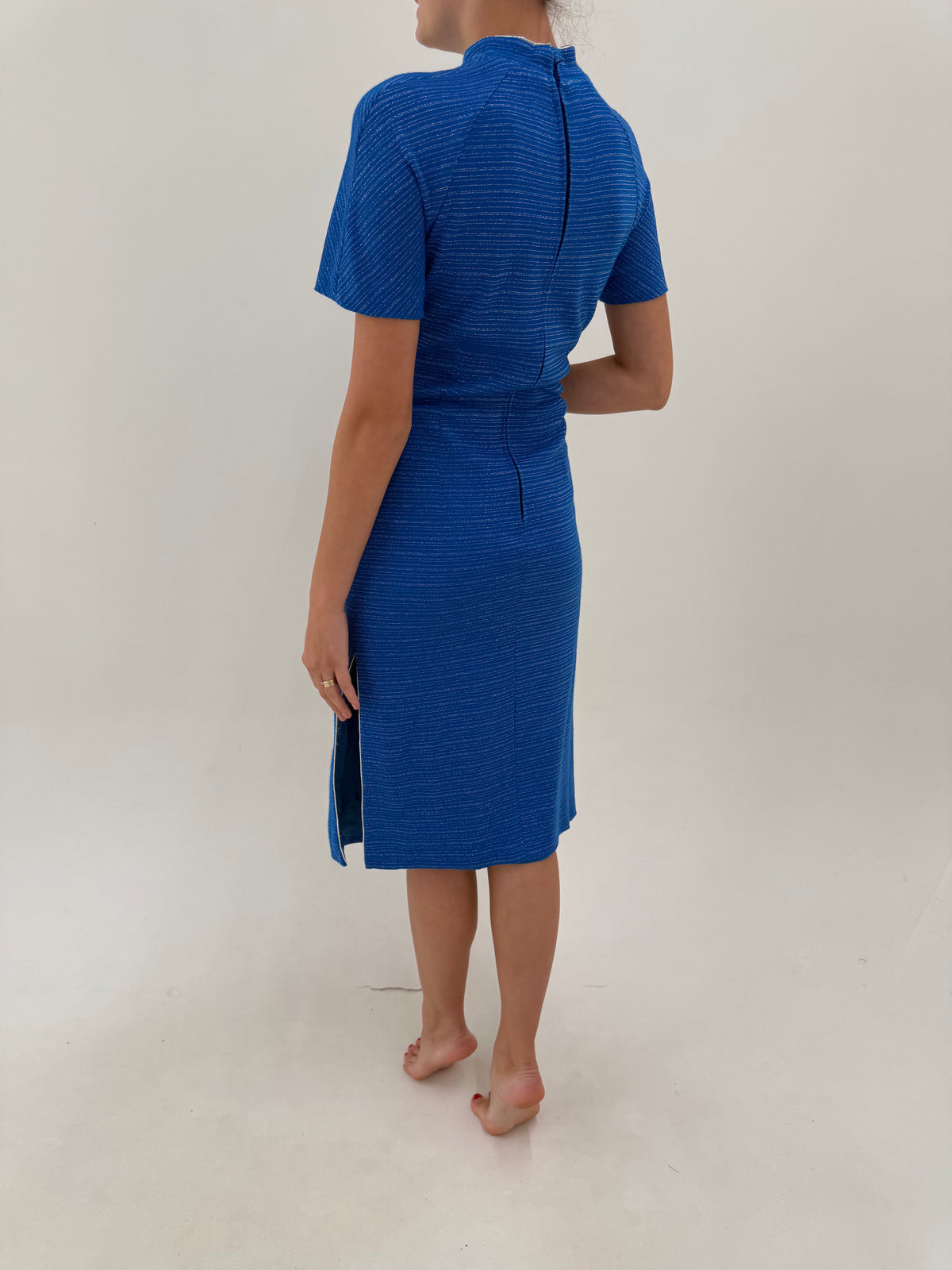 Set vintage cu influențe asiatice din tricot albastru ciel cu inserții fine de lurex argintiu