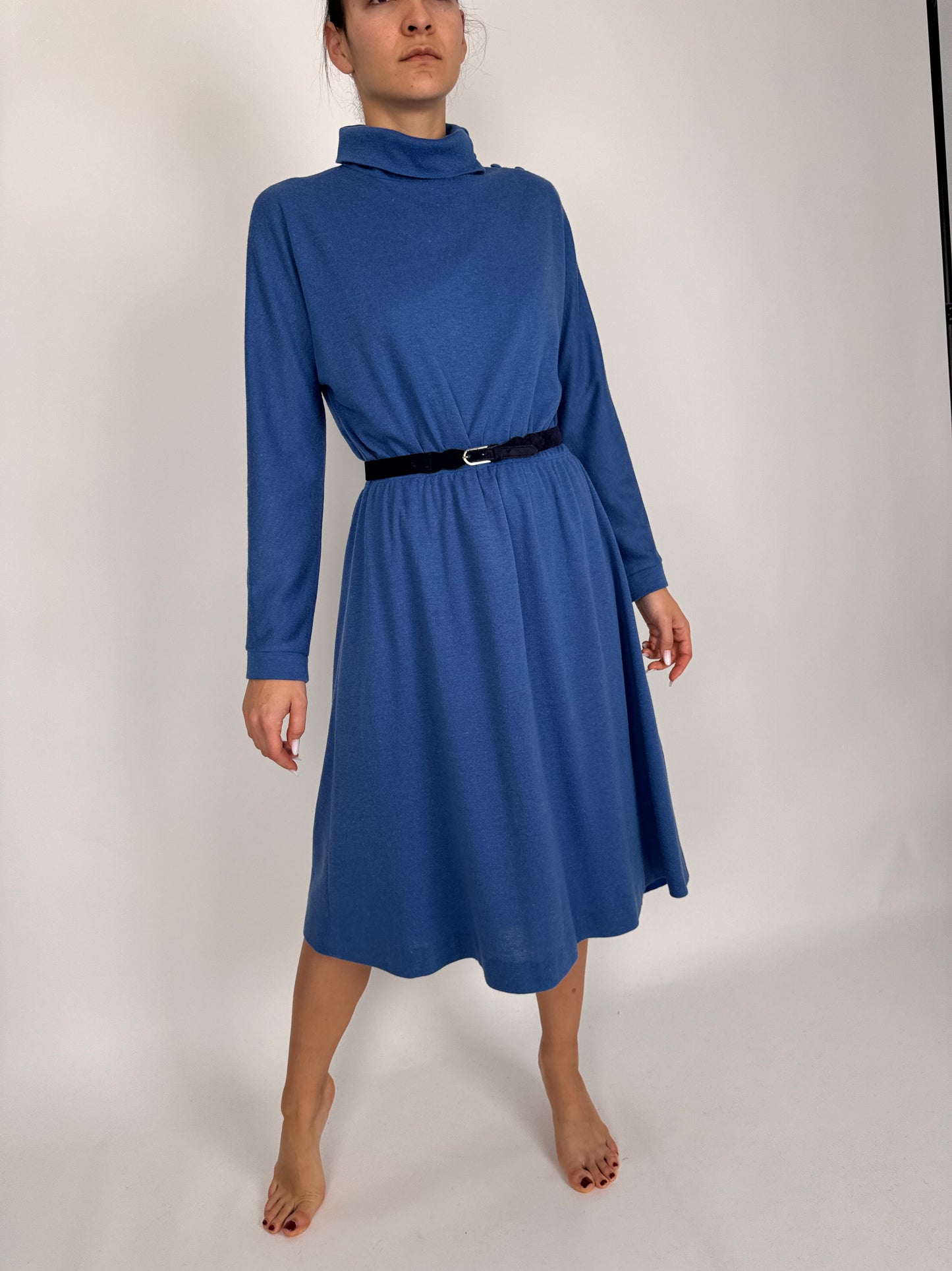 Rochie vintage saphire blue din lana extrafina cu talie elastică