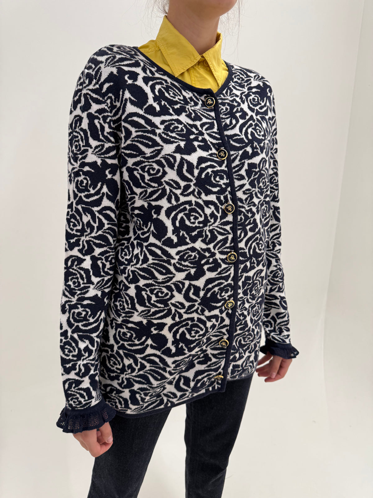 Jacheta Rocco Barocco din tricot gros dublu și print floral Navy stilizat
